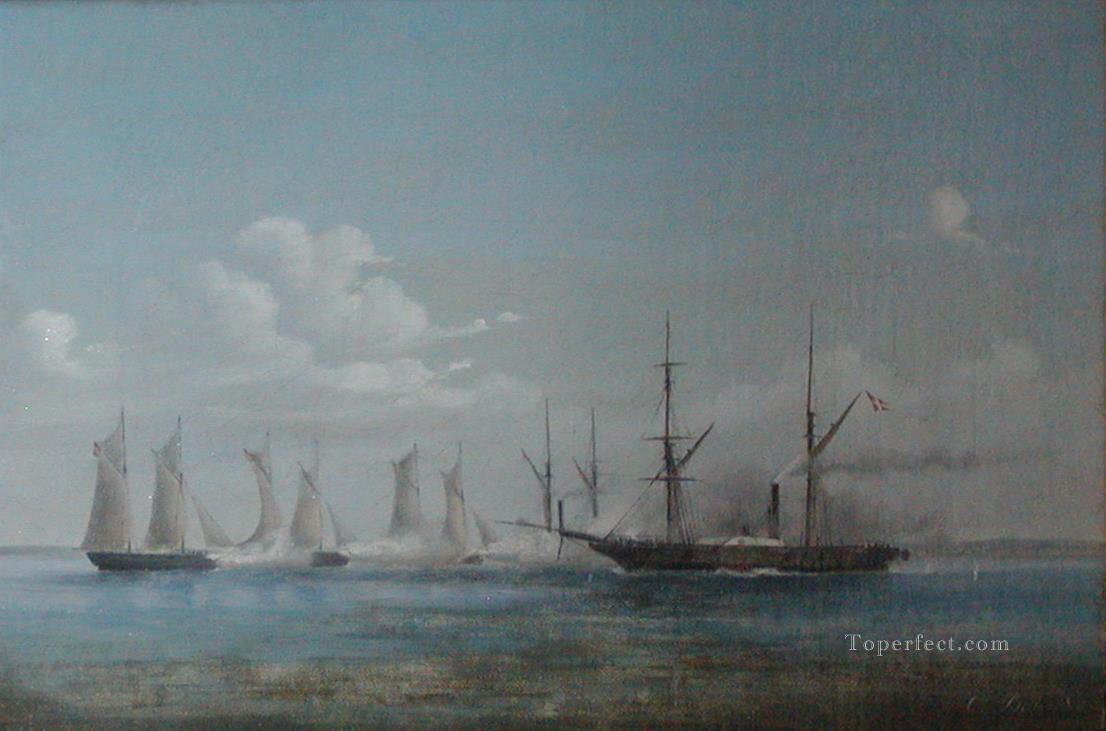 Orlogsskibet Hekla i kamp med tyske kanonbade 16 august 1850 Naval Battle Oil Paintings